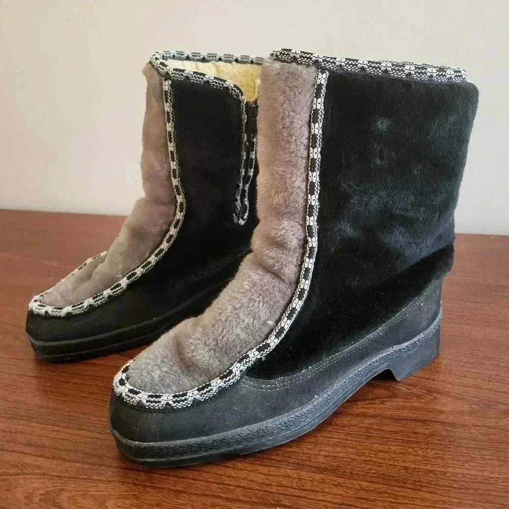 Vintage 60s/70s Snowland Leather Sherpa Faux Fur Lined Eskimo Winter Boots(7)